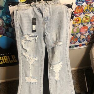Fashion Nova Light Blue Ripped Straight Leg Jeans